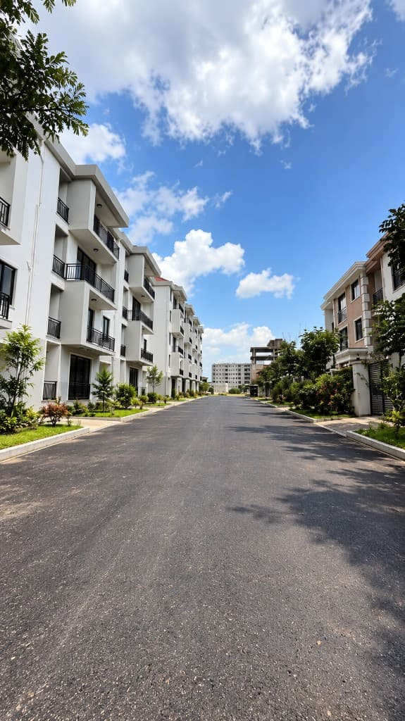 Tree-lined asphalt street through the Metro Bulbula apartment compound